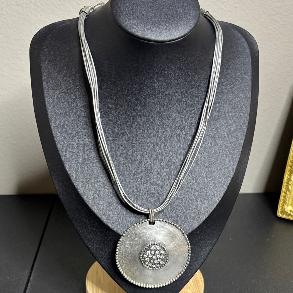 Chico's Silver Leather Multi-Strand Necklace with Textured Pendant Rhinestone